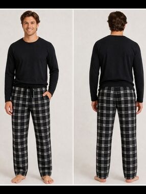 Nautica Black White Plaid Suede Fleece Pajama Pants Men’s Large